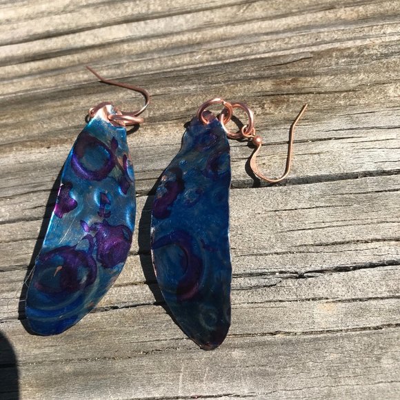 Handmade Solid Copper Earrings Blue Patina Embossed Abstract Circles Bohemian - Picture 2 of 7